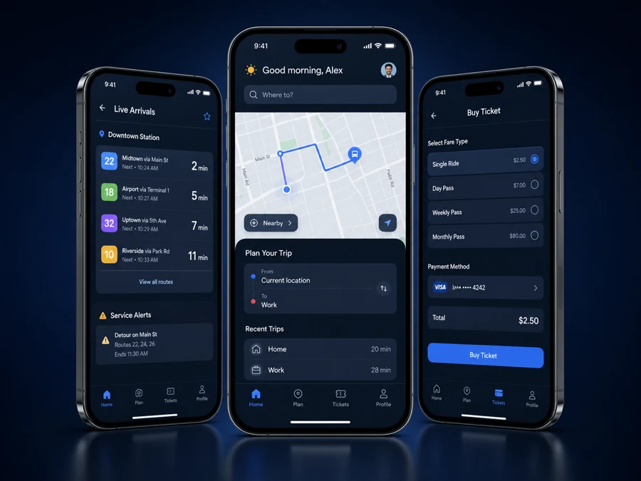 Transit mobile app interface mockup