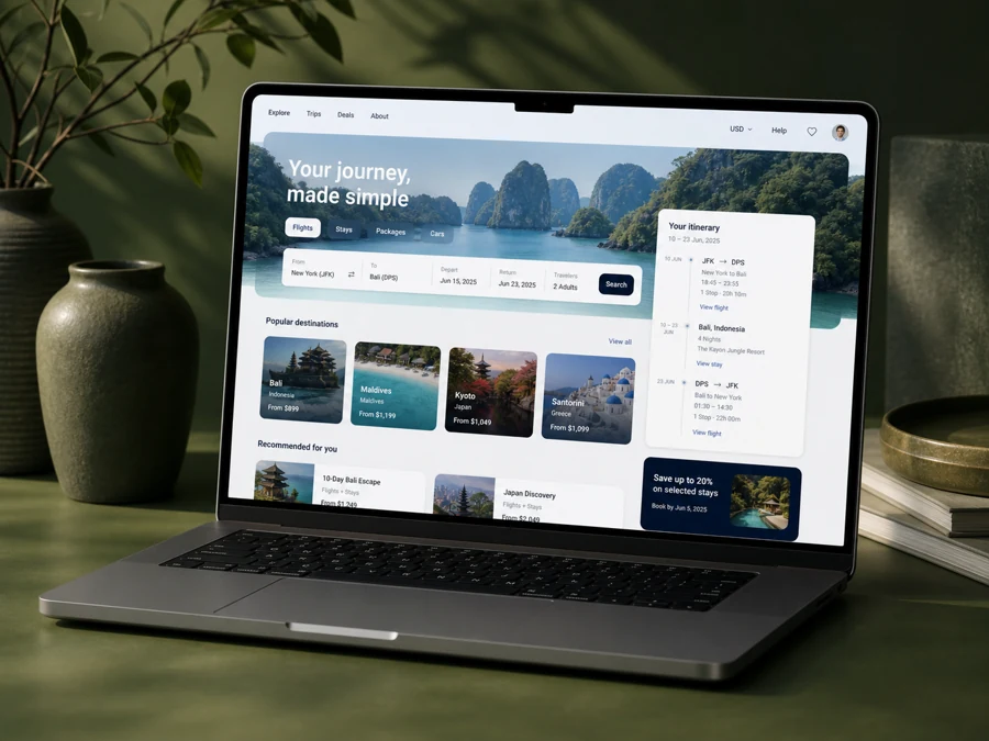 Travel booking platform interface mockup