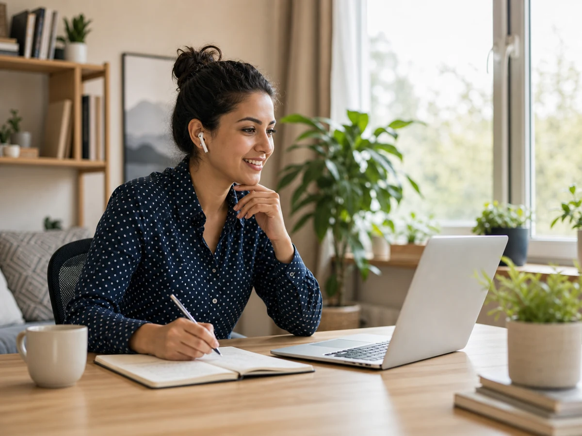 Professional working remotely from a bright home office