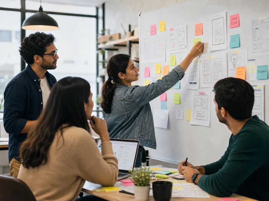 UX workshop with notes and sketches